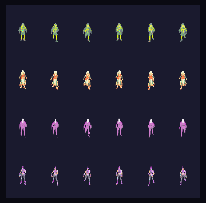 CHROME DISTRICT Vol. 2 Alley Cast walk strip: four AI-generated alley characters across six walk frames